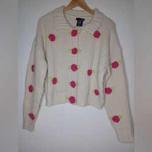Chic Cream Cardigan with Pink Floral Details